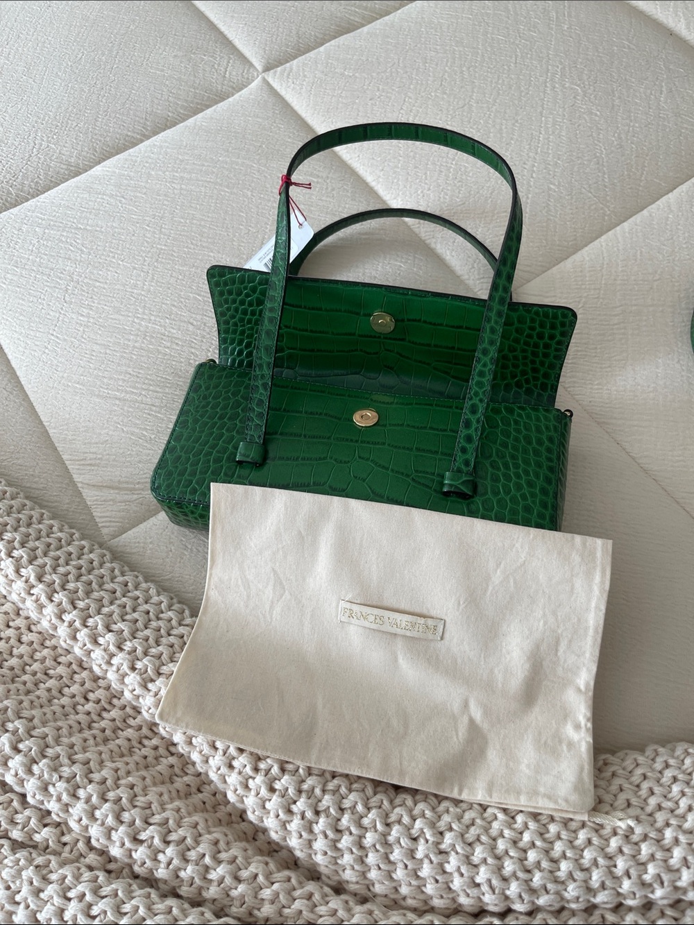 Frances Valentine Emerald Croc-Embossed leather Small Slim Tote with Gold Logo - Picture 8 of 8